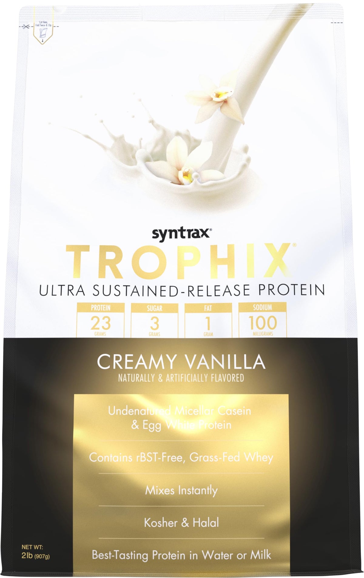 Syntrax Trophix vanilla tub with ultra sustained-release protein blend.