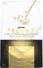 Syntrax Trophix vanilla tub with ultra sustained-release protein blend.