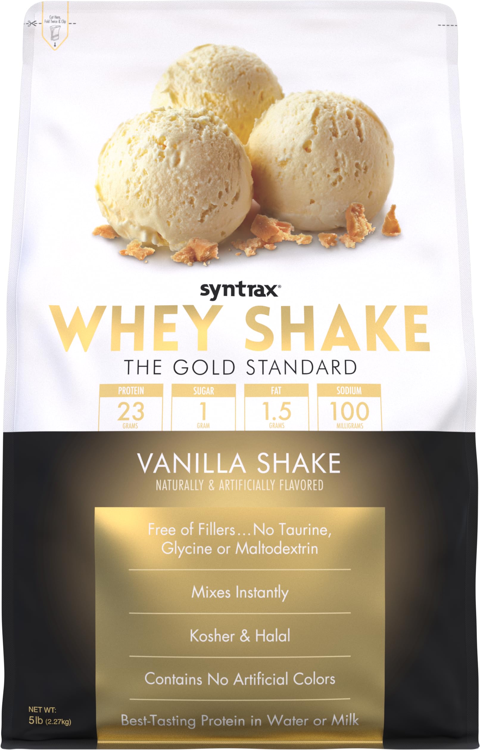 Syntrax Whey Shake vanilla pour showing creamy texture