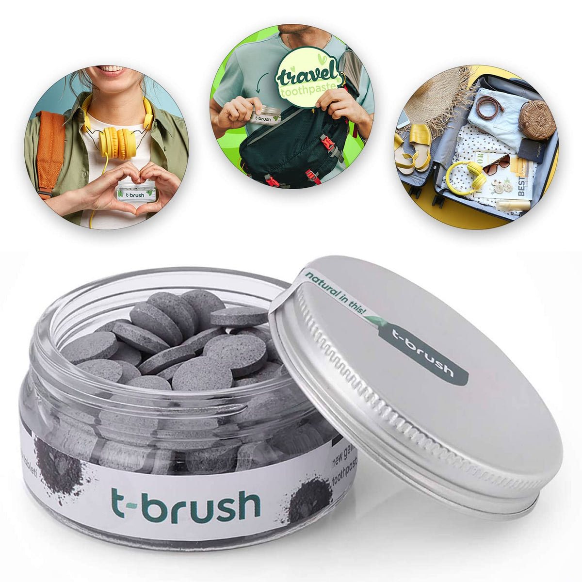 Front view of T-brush Whitening Travel Toothpaste Tablets with activated charcoal
