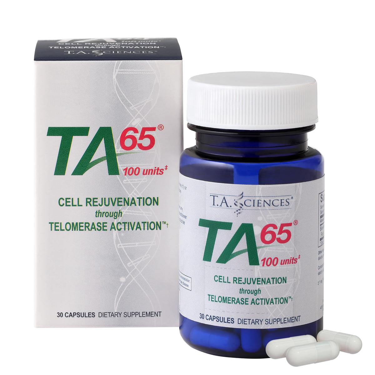 Bottle of T.A. Sciences TA-65 MD Telomerase Activation Supplement