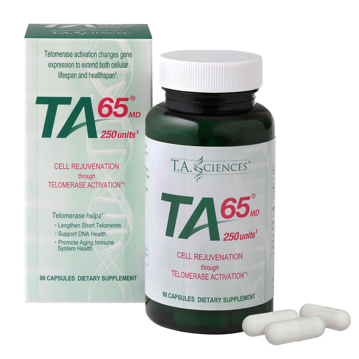 TA-65 Telomere Activation Supplement bottle with label