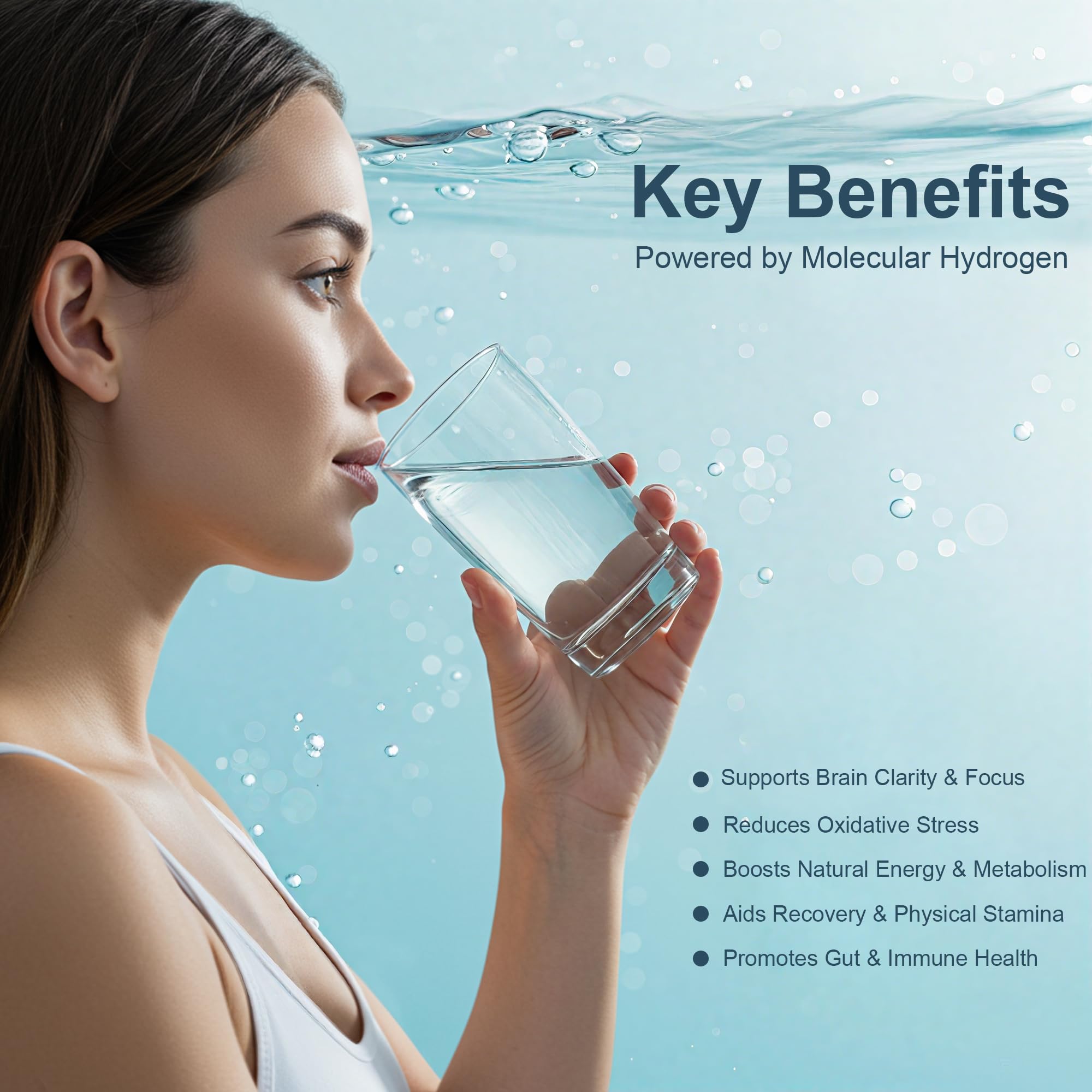 Glass of water with dissolving hydrogen tablet