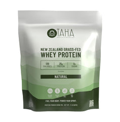 Taha Health & Nutrition natural unflavored whey powder bag, ideal for daily shakes and meals.