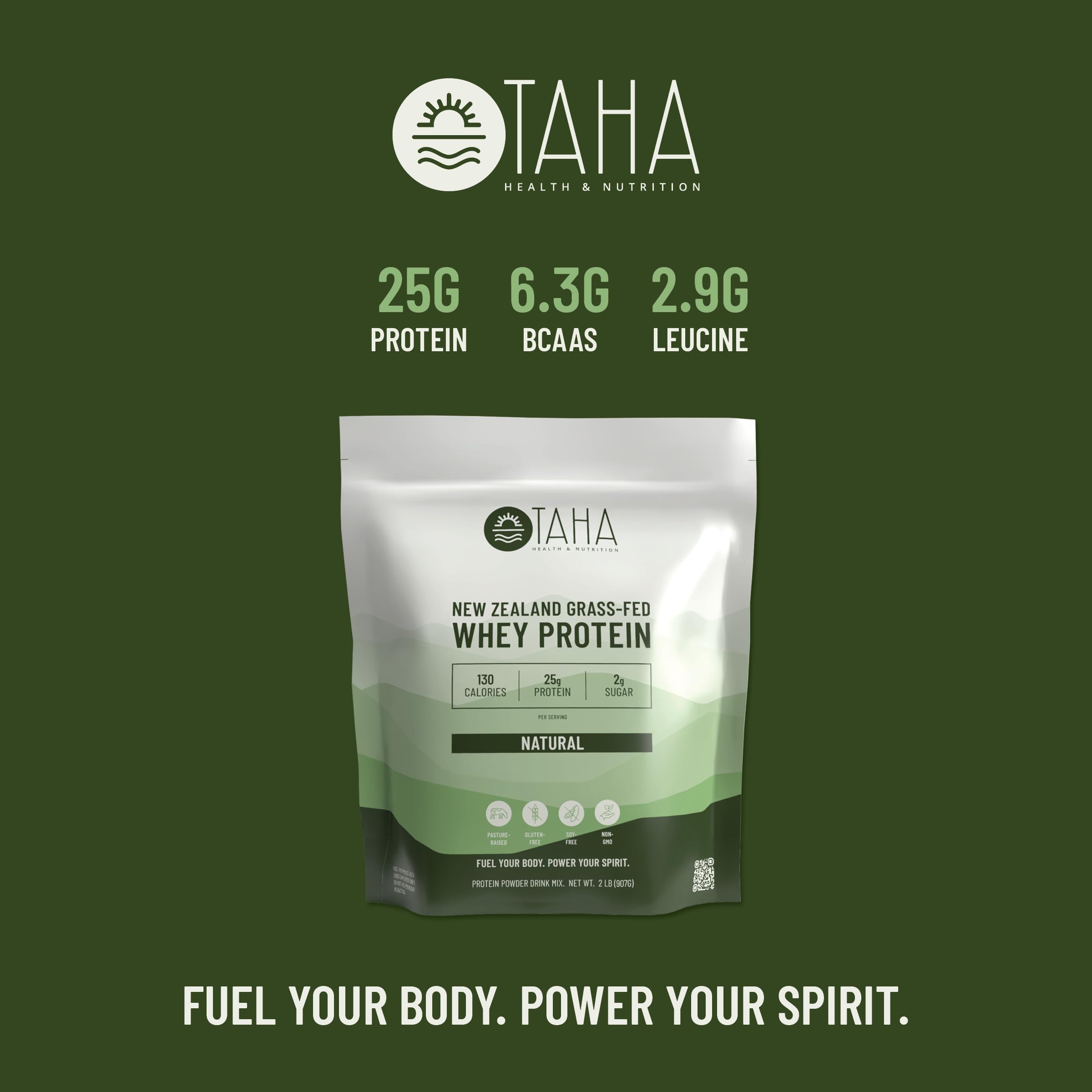 Taha Health & Nutrition non-GMO glyphosate-free symbol indicating a purer protein option.