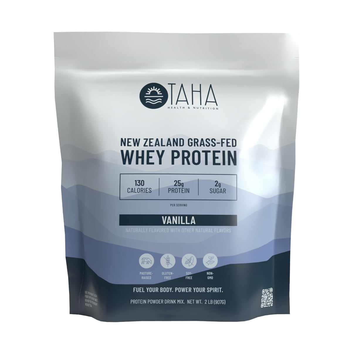 Taha Health & Nutrition vanilla whey protein bottle with label highlighting grass-fed dairy.