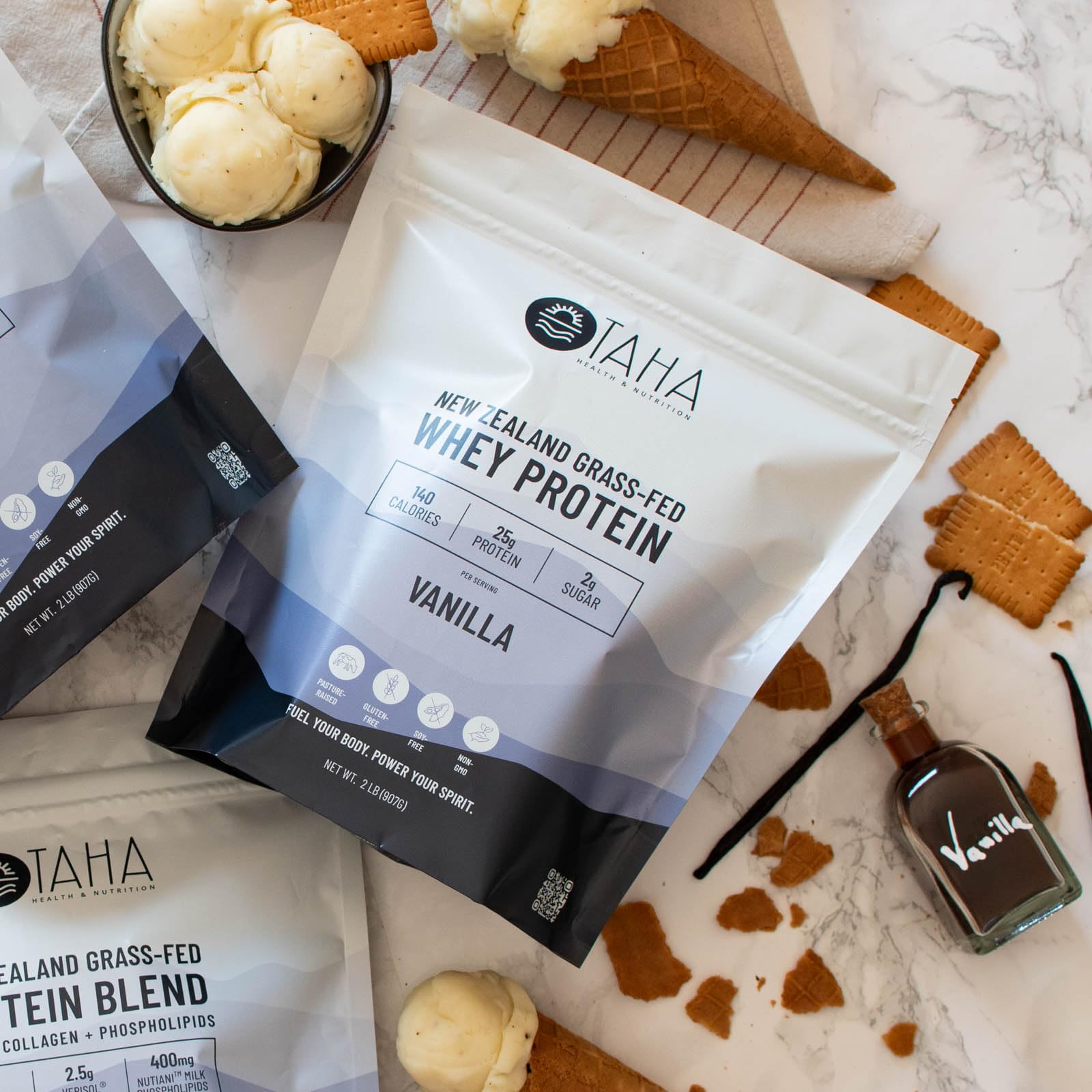 Taha Health & Nutrition vanilla whey protein ingredients image highlights complete amino acid profile.