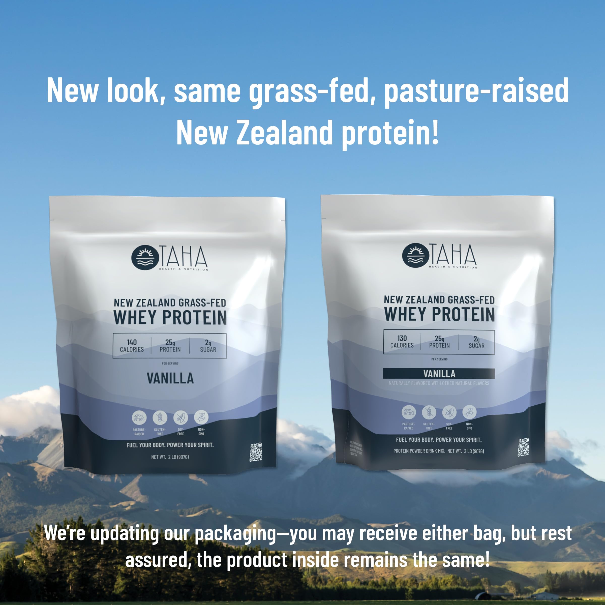 Taha Health & Nutrition vanilla whey protein packaging ready-to-ship pantry staple.