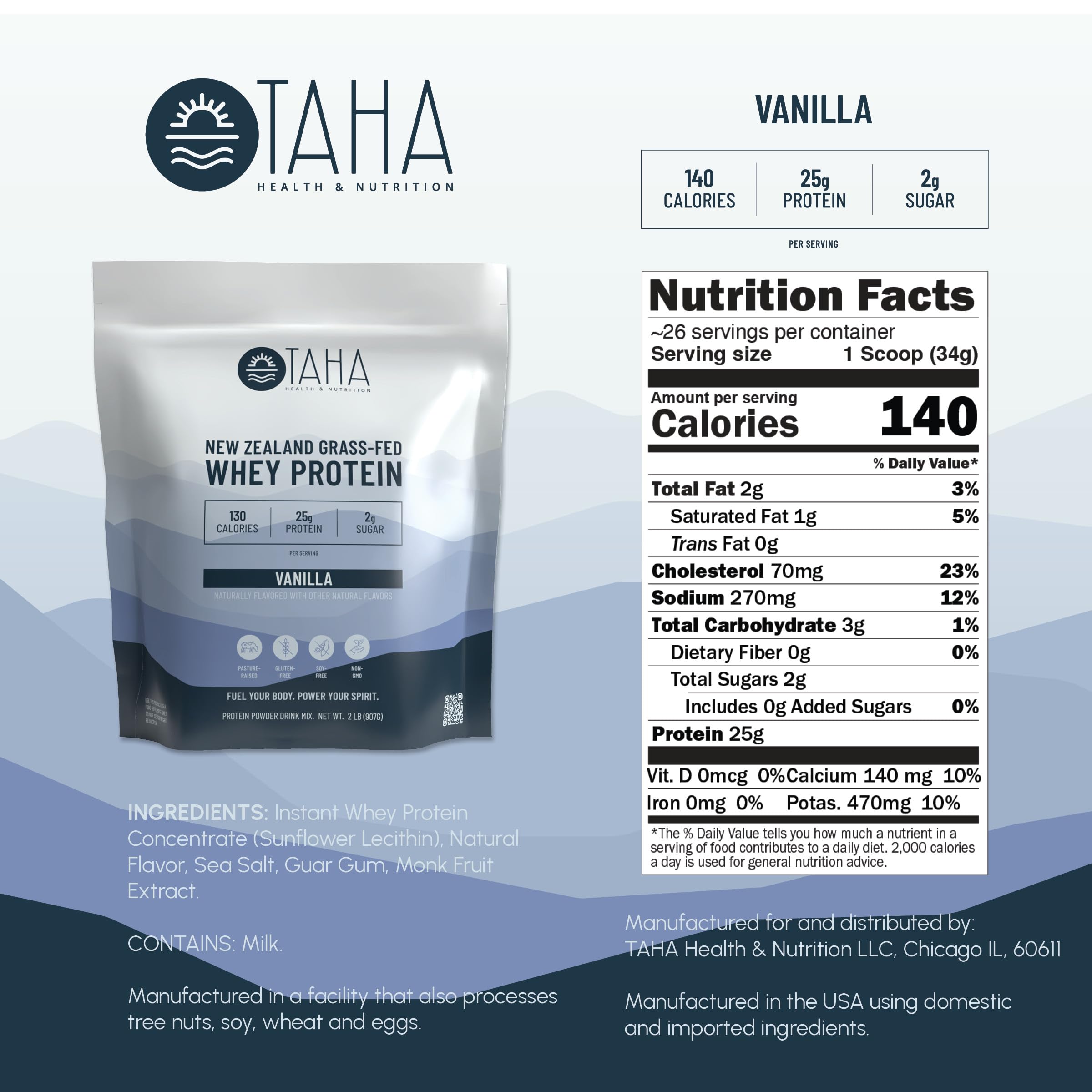 Taha Health & Nutrition vanilla whey protein scoop ready for a quick workout shake.