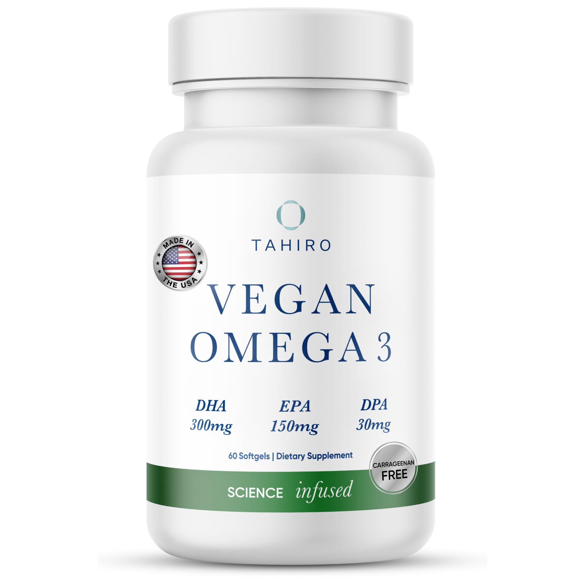 TAHIRO Vegan Omega-3 Softgels bottle on white background