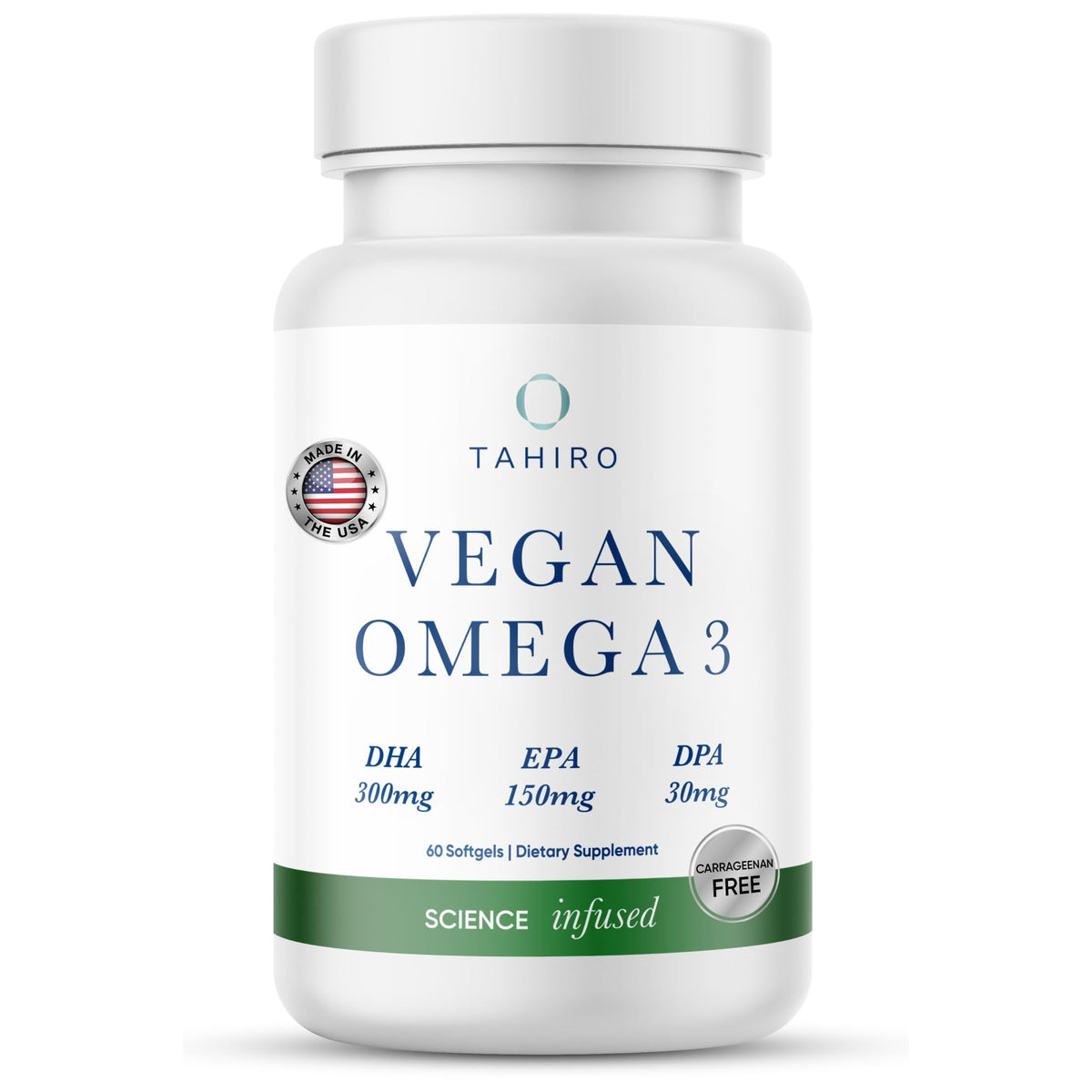 TAHIRO Vegan Omega-3 Softgels bottle on white background