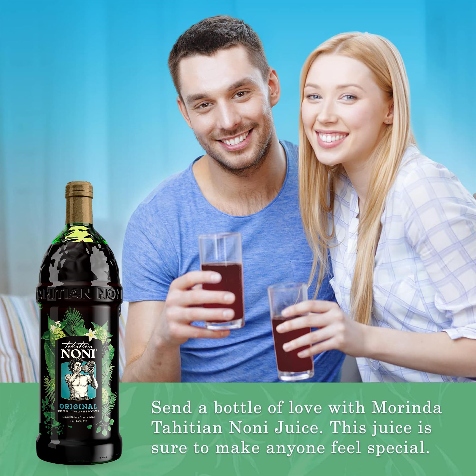 Back view and nutrition label of Tahitian Noni Juice 1L bottle