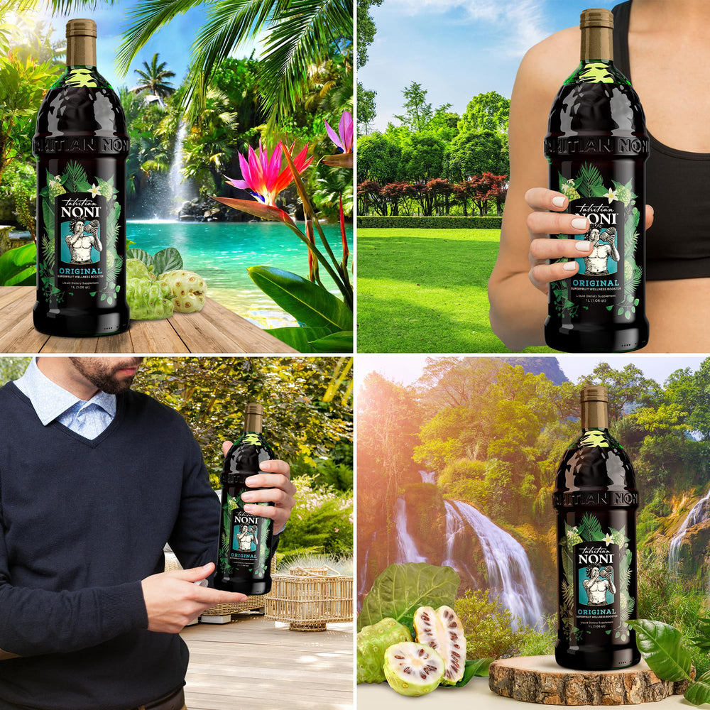 Tahitian Noni Juice bottle against tropical background