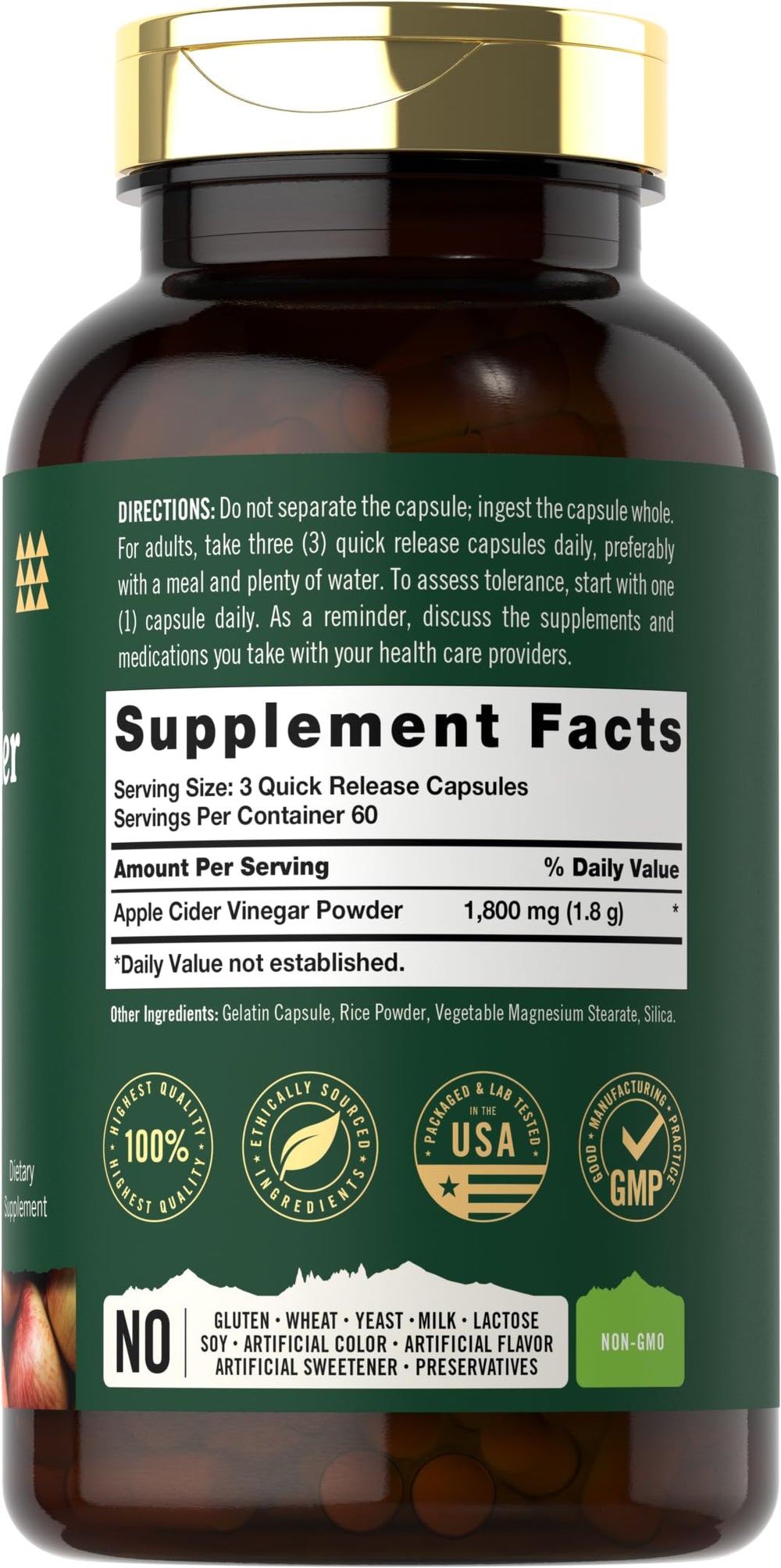 Back view of Tahoe Nutritionals Apple Cider Vinegar Capsules bottle with supplement facts