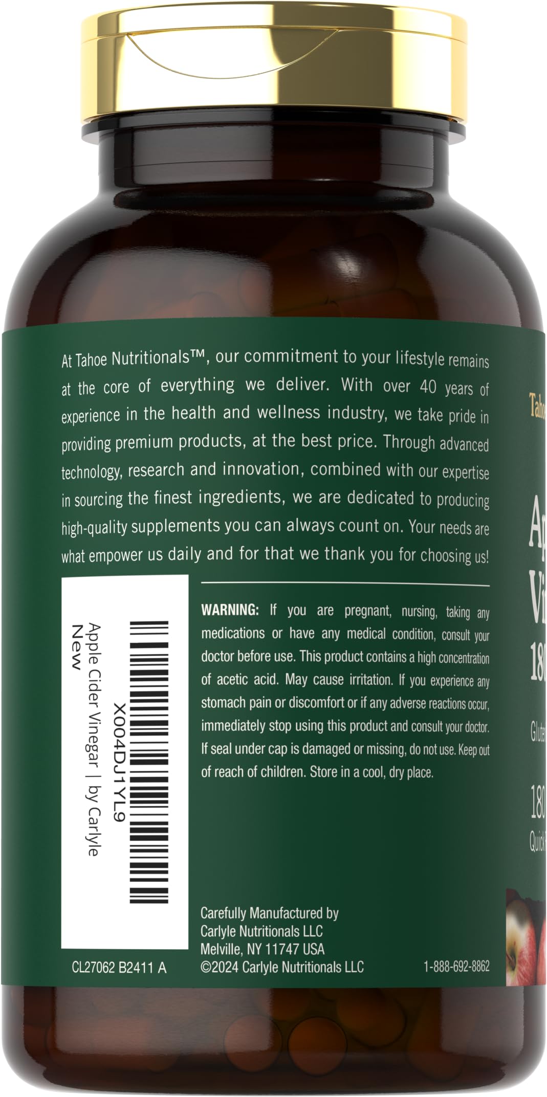 Label close-up of Tahoe Nutritionals Apple Cider Vinegar Capsules