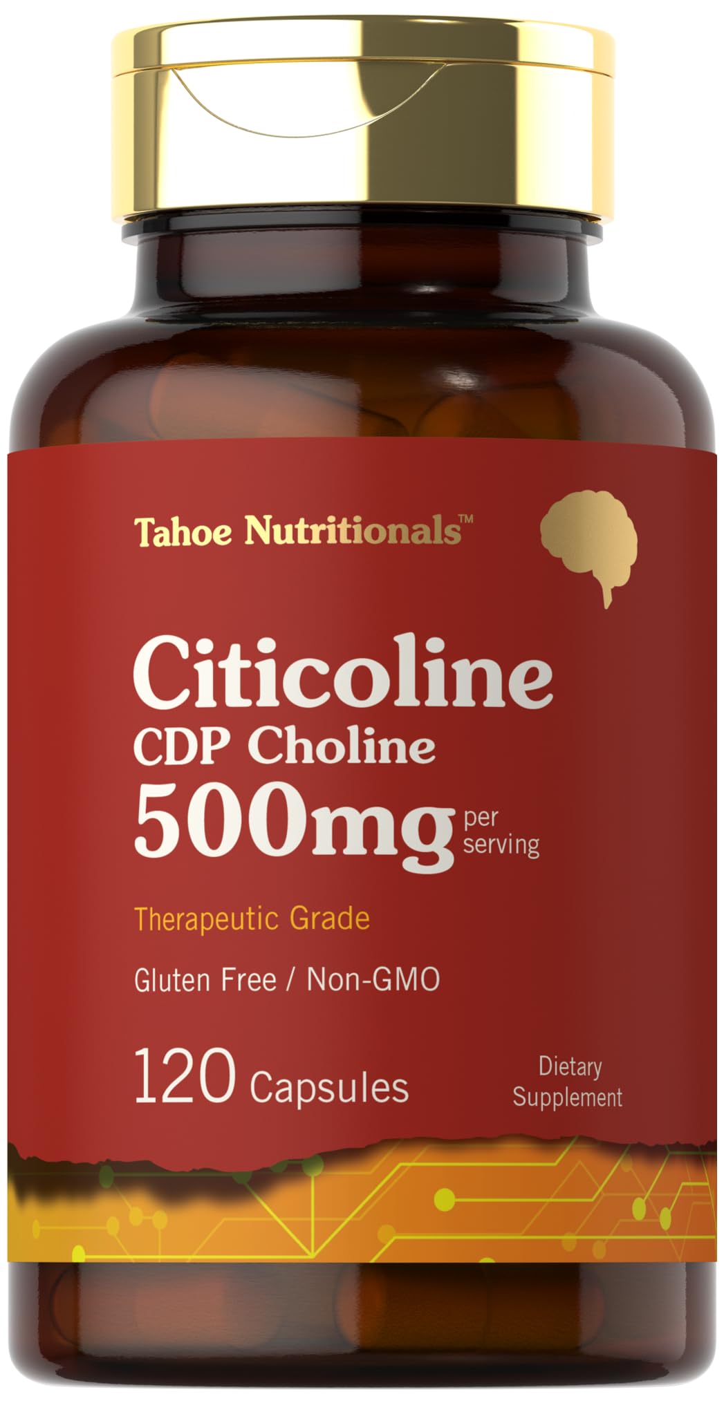 Front view of Tahoe Nutritionals Citicoline 500mg bottle (120 capsules)