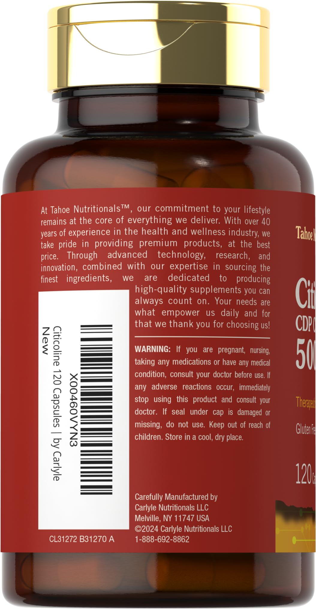 Label of Tahoe Nutritionals Citicoline 500mg bottle