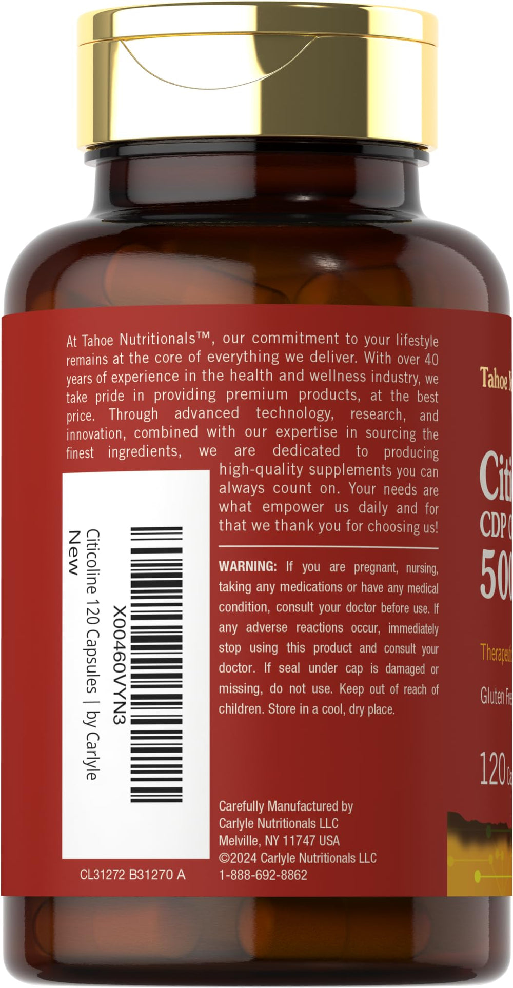 Label of Tahoe Nutritionals Citicoline 500mg bottle