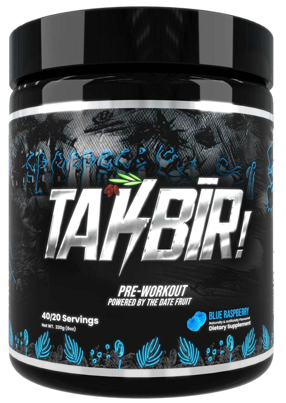 TAKBIR! pre-workout blue raspberry front label