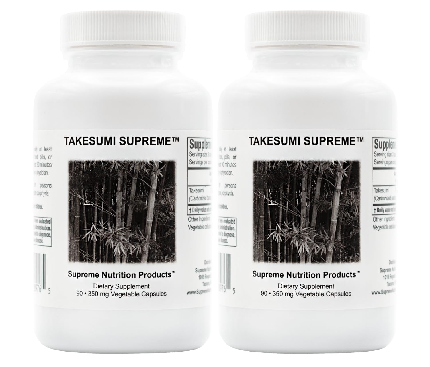 Front view of Supreme Nutrition Takesumi Supreme bamboo charcoal capsules 2-pack (180 capsules total)