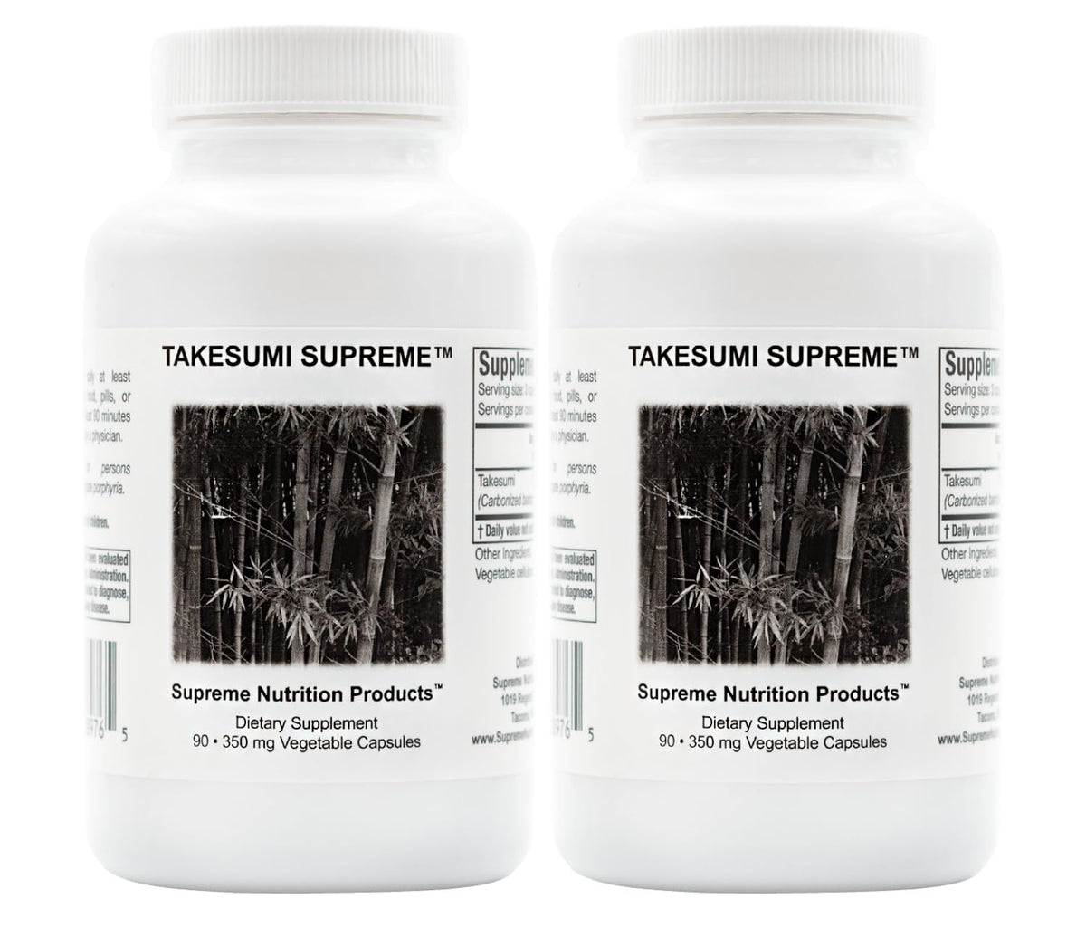 Front view of Supreme Nutrition Takesumi Supreme bamboo charcoal capsules 2-pack (180 capsules total)