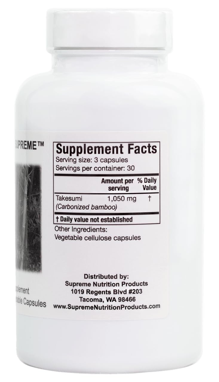 Two bottles of Takesumi Supreme activated bamboo charcoal capsules on white background