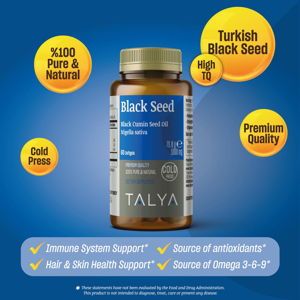 TALYA Black Seed Oil Softgel bottle back with label