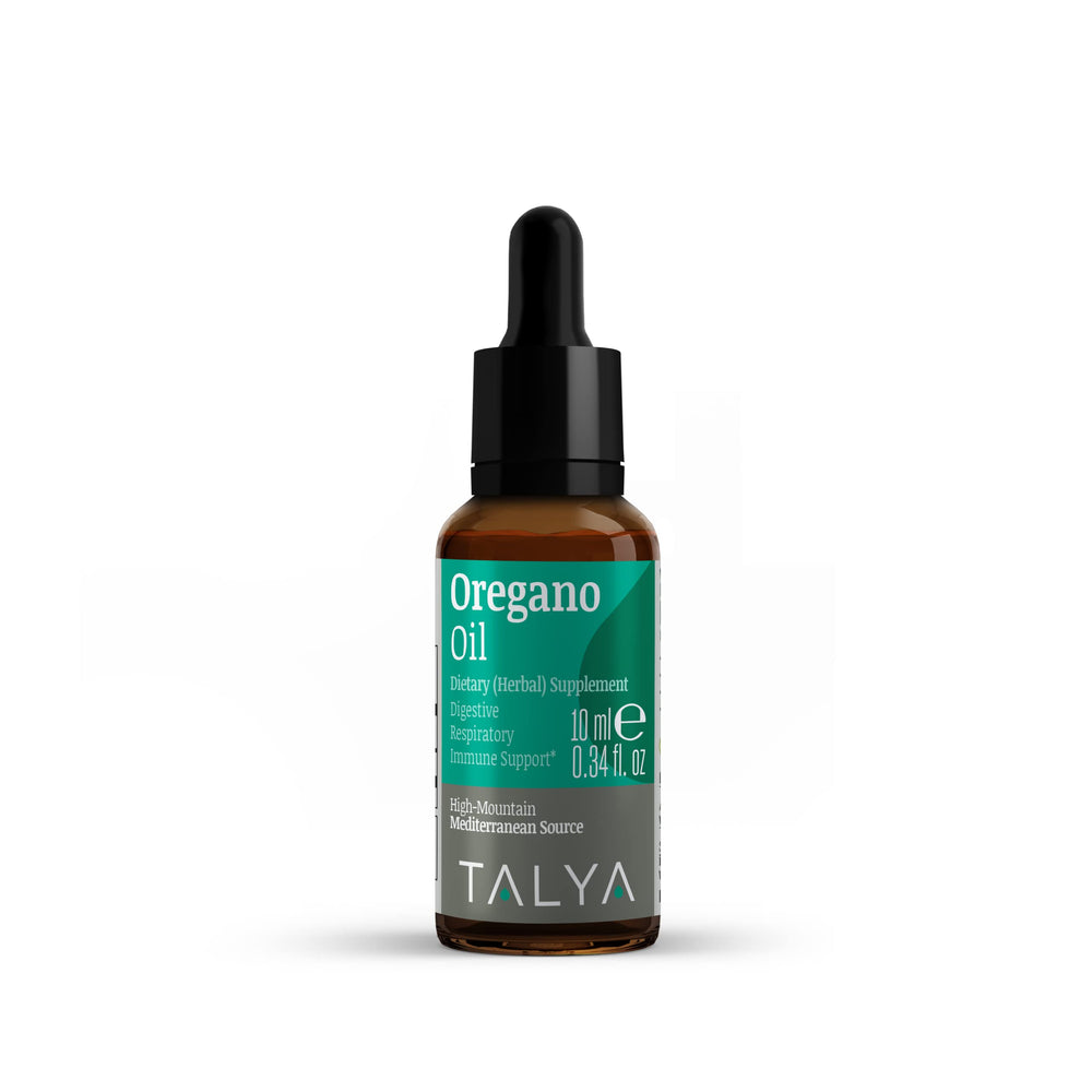 Talya Oregano Oil bottle on display with Mediterranean oregano