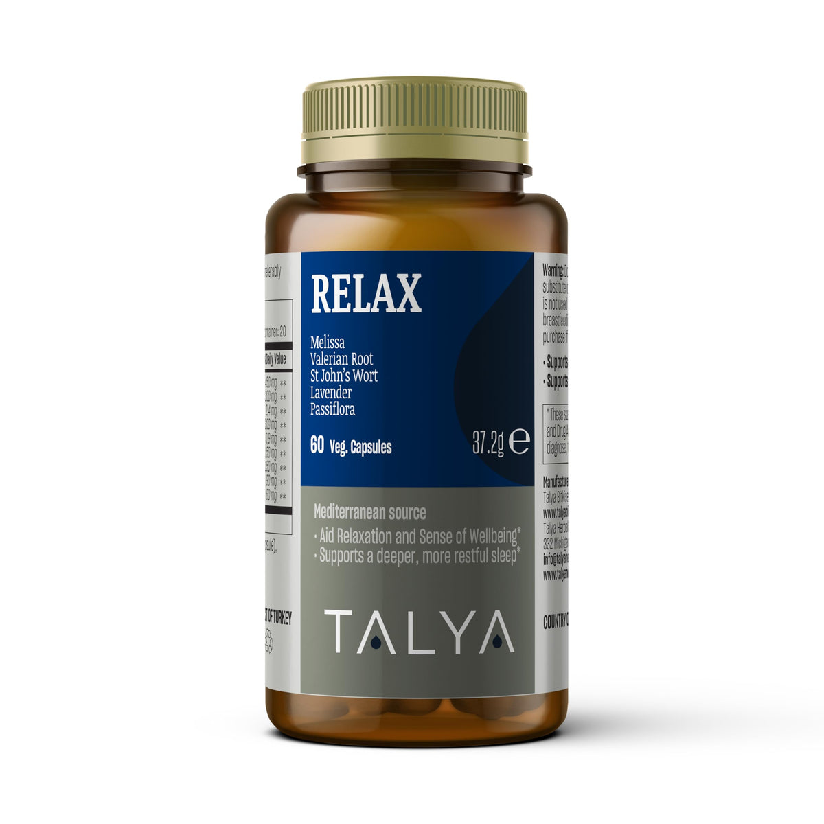 Bottle of Talya Relax Sleep Support capsules on a calming background