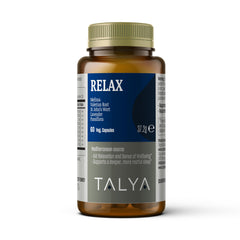Bottle of Talya Relax Sleep Support capsules on a calming background