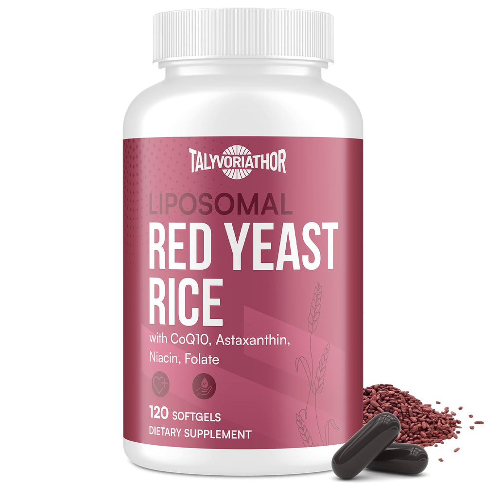 Bottle and softgels of Talyvoriathor Liposomal Red Yeast Rice 1200mg with CoQ10 and Astaxanthin