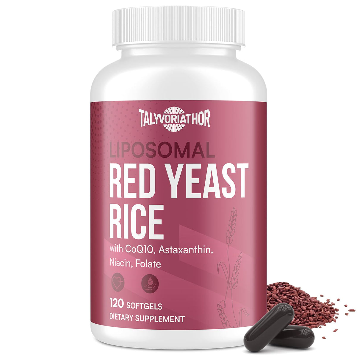 Bottle and softgels of Talyvoriathor Liposomal Red Yeast Rice 1200mg with CoQ10 and Astaxanthin