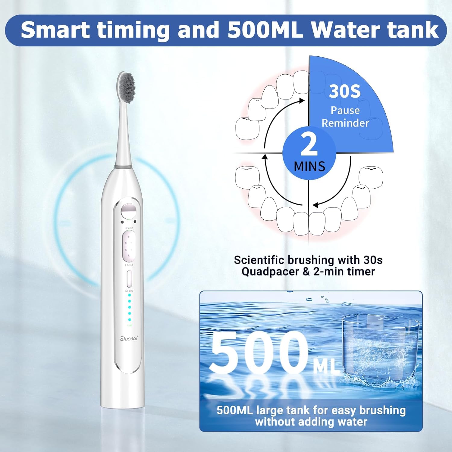 Large 500ml water tank for extended cleaning