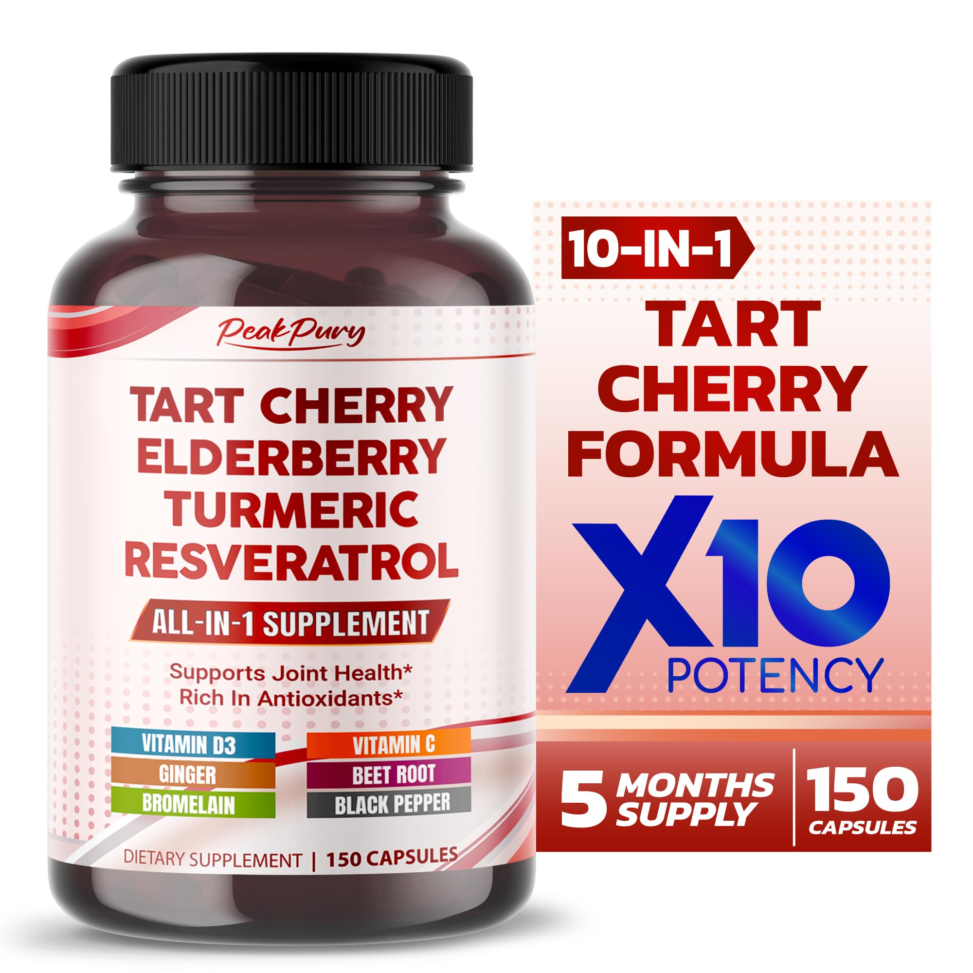 Bottle of PeakPury Tart Cherry Elderberry Turmeric Resveratrol capsules (150 count)
