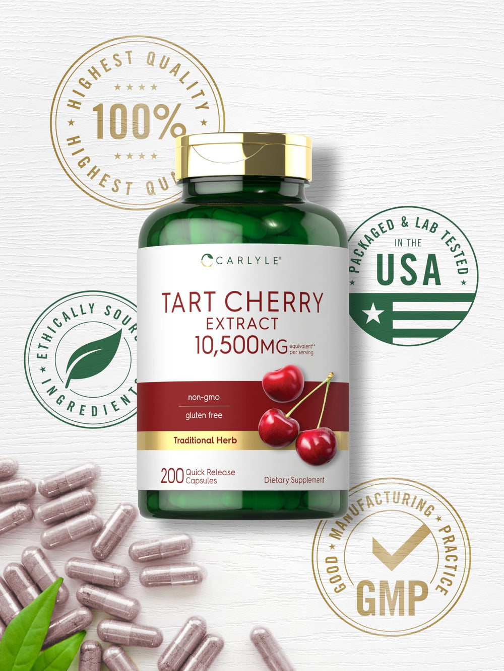 Close-up shot of Tart Cherry extract capsules