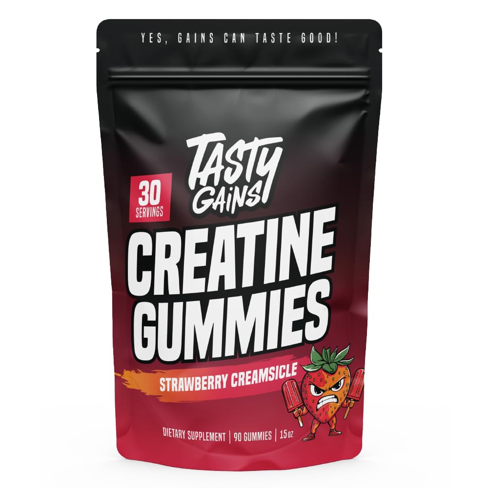 TASTY GAINS Creatine Gummies bottle label 90g