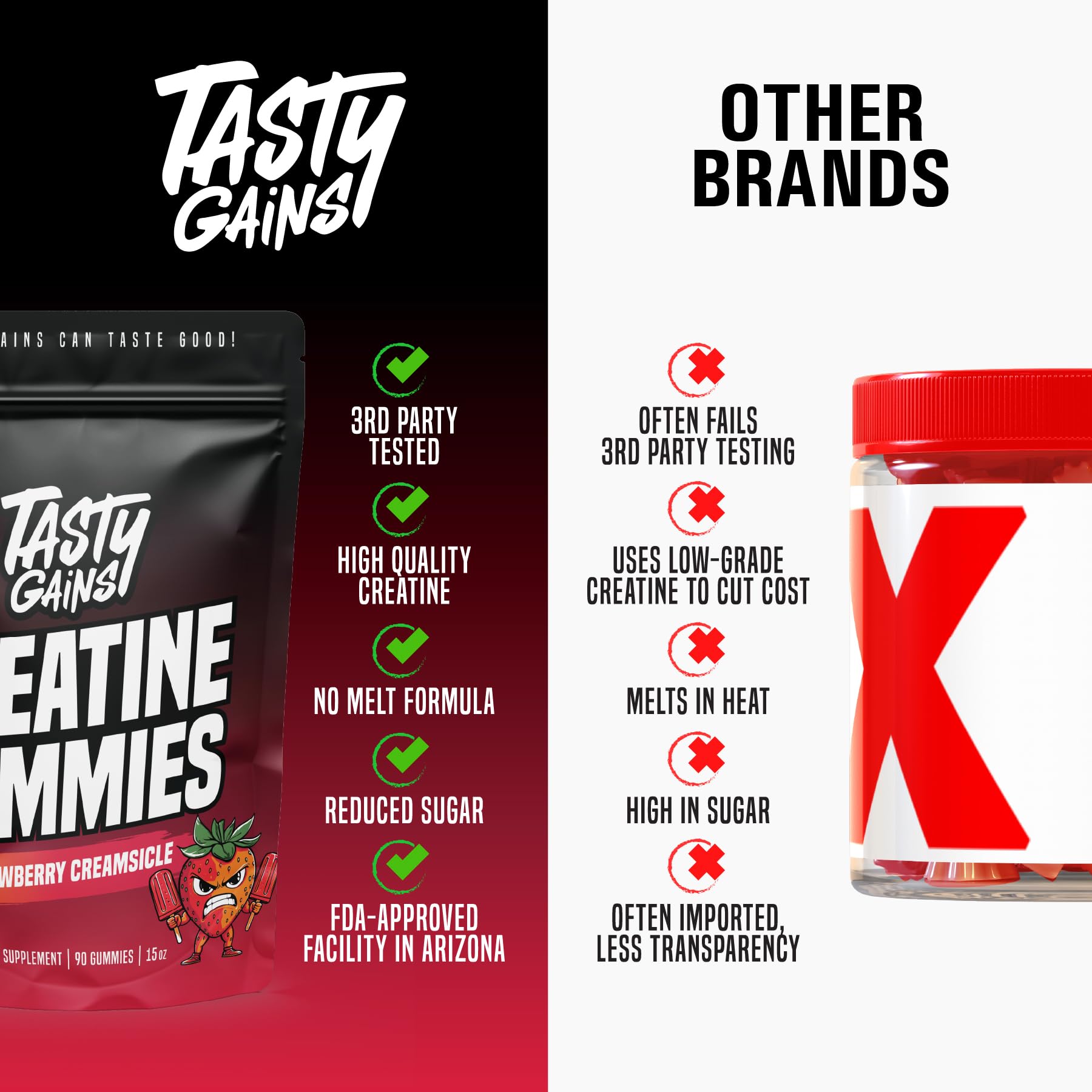 Non-GMO badge on a TASTY GAINS Creatine Gummies pack