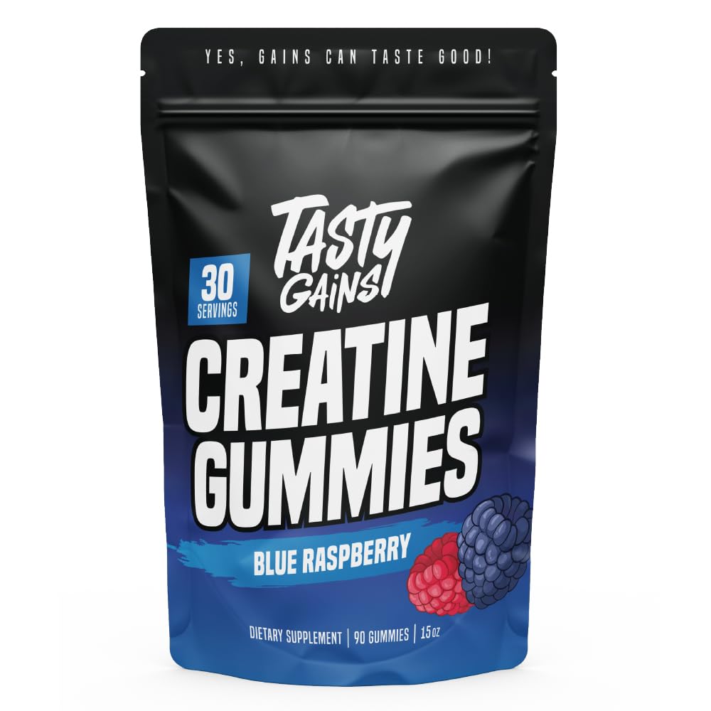 TASTY GAINS Creatine Gummies bottle front blue raspberry flavor