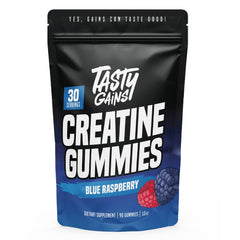 TASTY GAINS Creatine Gummies bottle front blue raspberry flavor