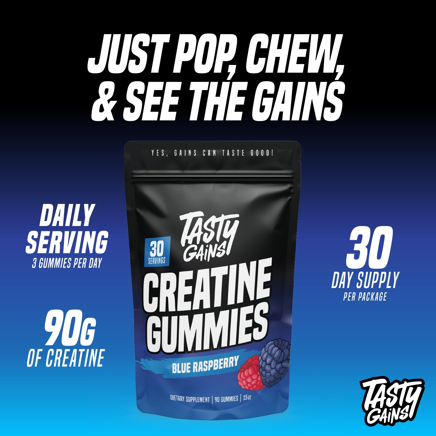 Close-up of individual blue raspberry creatine gummies