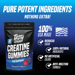 Nutrition facts label on packaging of TASTY GAINS gummies