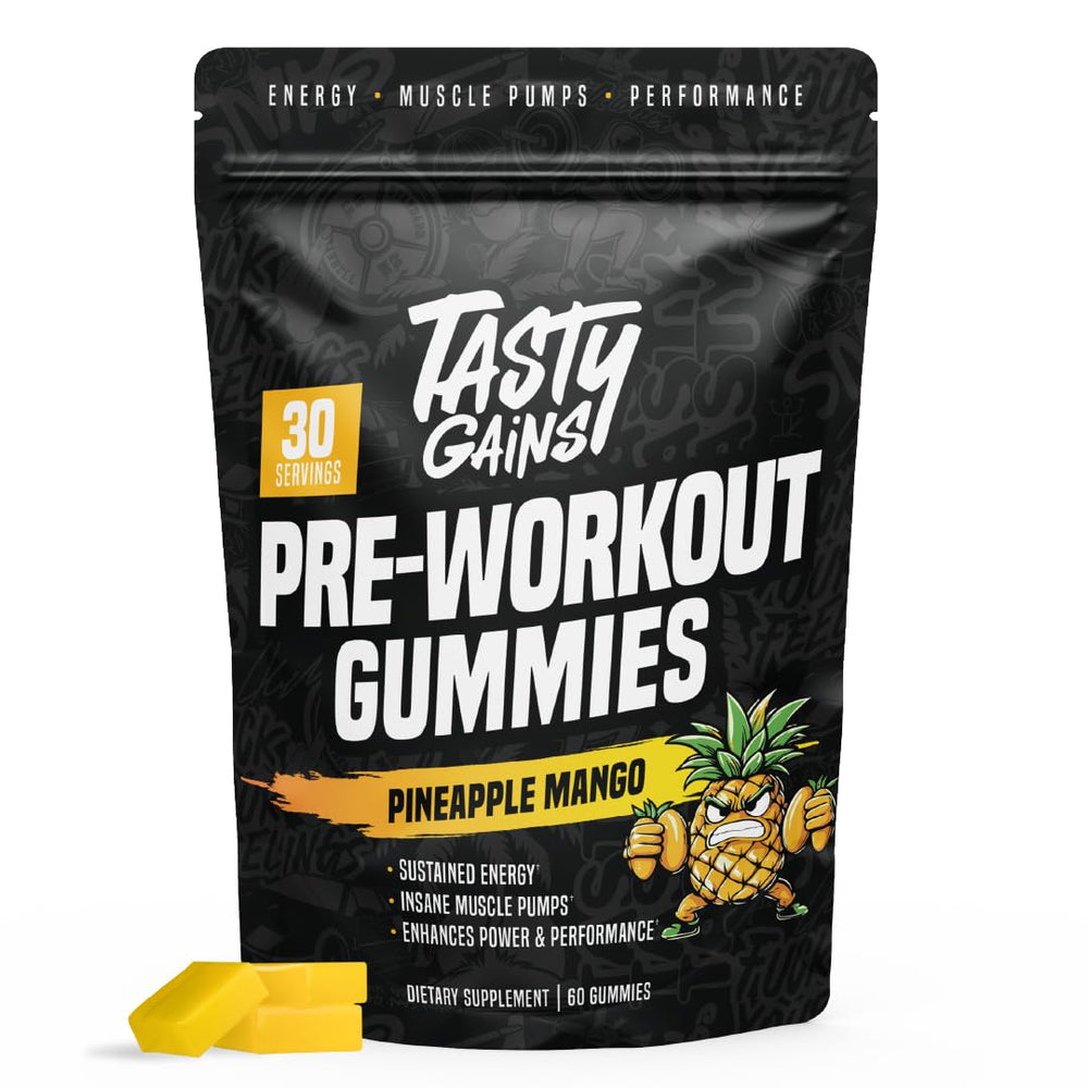 TASTY GAINS preworkout gummies jar-front for convenient on-the-go energy and focus.