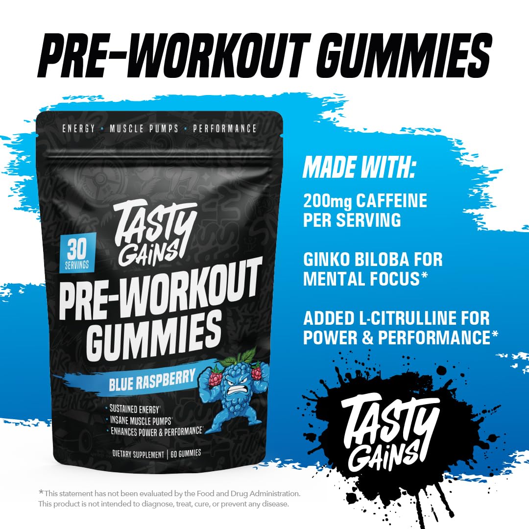 TASTY GAINS preworkout gummies pineapple-mango-jar displays flavor and convenient chewable energy.
