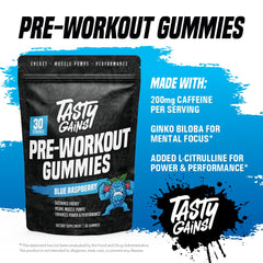 TASTY GAINS preworkout gummies pineapple-mango-jar displays flavor and convenient chewable energy.