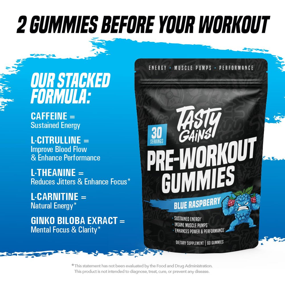 TASTY GAINS preworkout gummies vegan-glutenfree-badge emphasizes clean energy for workouts.