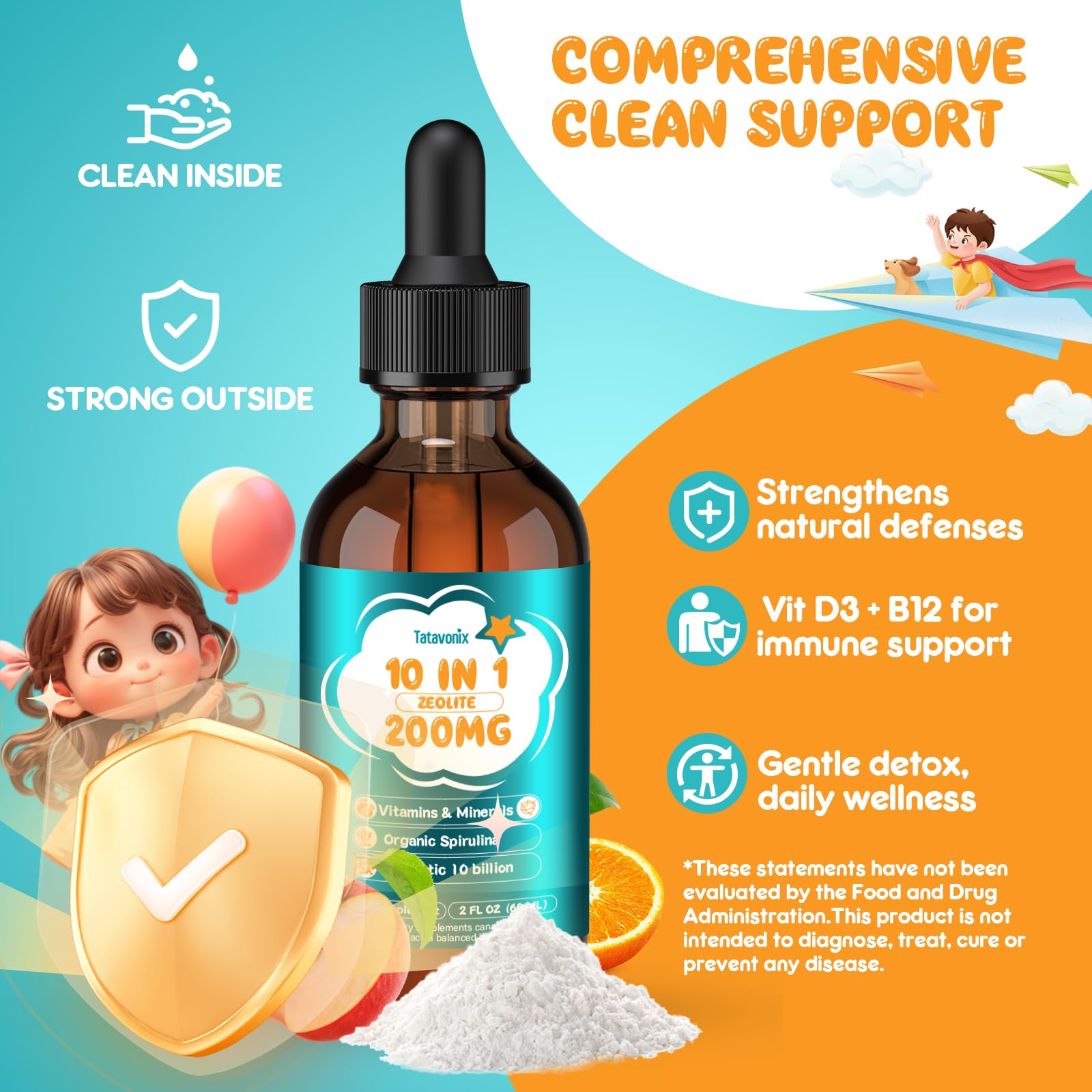 Graphic illustrating probiotics, chlorella, and spirulina ingredients