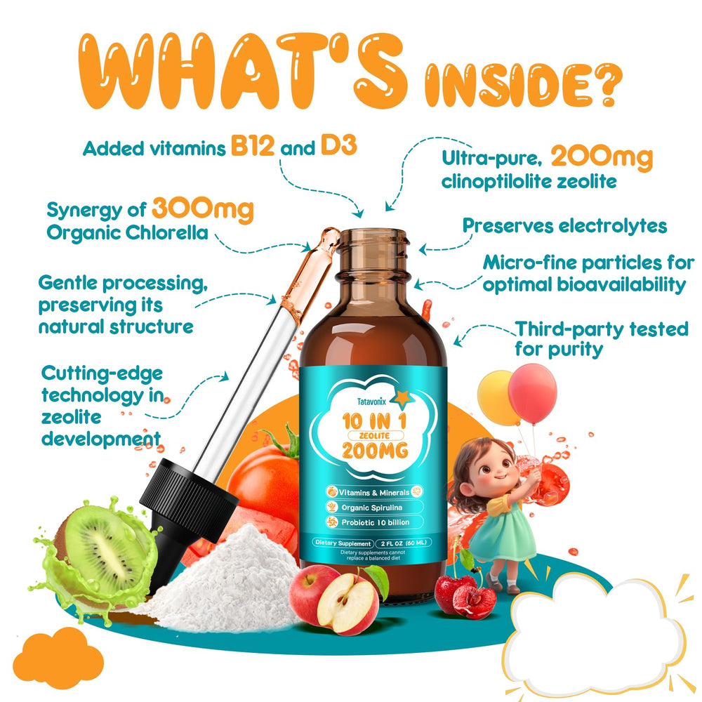 Graphic showing ingredients: zeolite, spirulina, chlorella, vitamins, probiotics