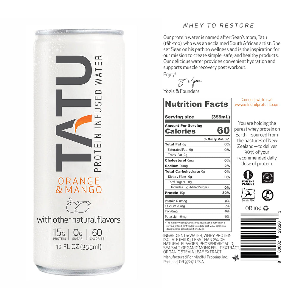TATU Orange Mango RTD protein water bottle close-up with label