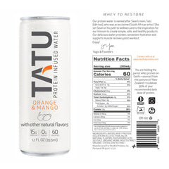 TATU Orange Mango RTD protein water bottle close-up with label