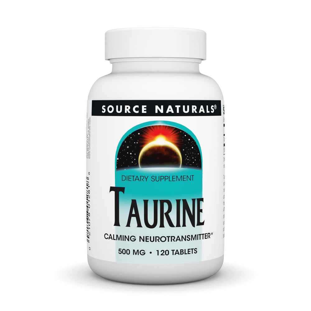 Bottle label for Source Naturals Taurine calming neurotransmitter 500 mg tablets